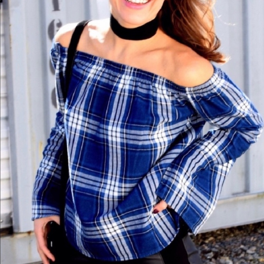 Anthropologie Cloth & Stone Off Shoulder Plaid Top